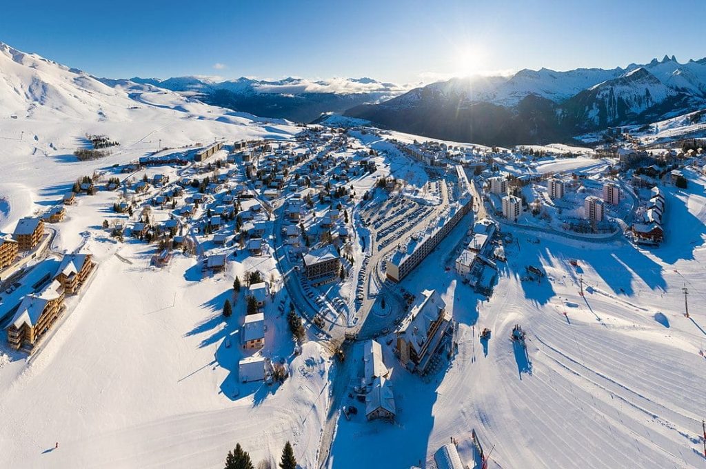 La Toussuire ski resort at sunrise as of February 2020, in Savoie department, France